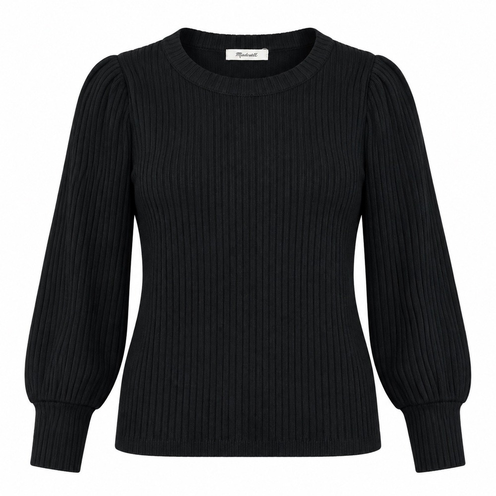 Madewell Womens Top S Viscose Blend Black Ribbed Puff Sleeve Crewneck